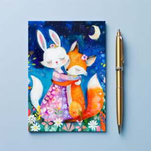 raxxa Postkarte: Illustration of fox hugging rabbit in forest