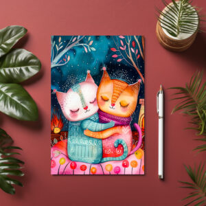 raxxa Postkarte: Illustration of two cats hugging in a cozy setting