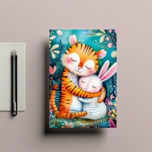raxxa Postkarte: Tiger and Rabbit Embrace on in night time at forest