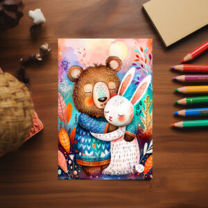 raxxa Postkarte: Brown Bear and Rabbit Hugging Illustration
