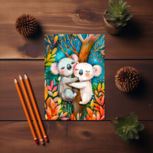 raxxa Postkarte: Illustration of koalas hugging in eucalyptus forest