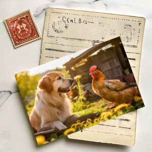 raxxa Postkarte: Sunny Day Buddies- Labrador and Hen Bask in Garden Salad Bed