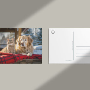 raxxa Postkarte: Cozy Companions- Labrador and Gray Cat Snuggle on Blanket Amidst Snowfall