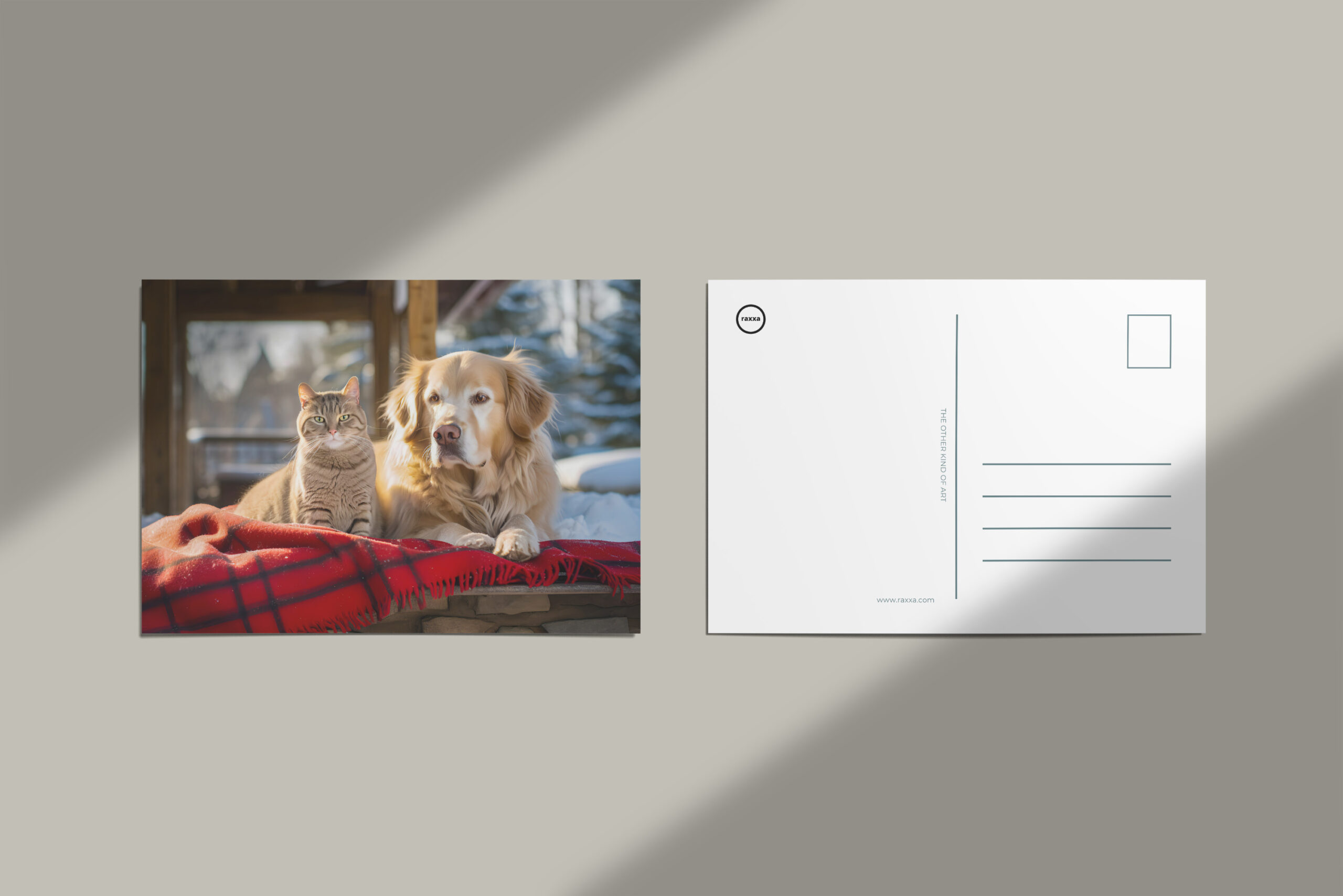 raxxa Postkarte: Cozy Companions- Labrador and Gray Cat Snuggle on Blanket Amidst Snowfall