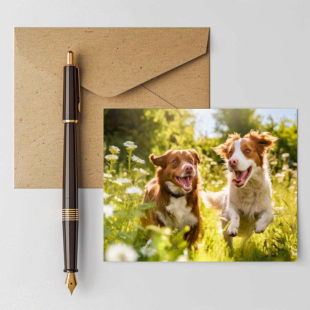 raxxa Postkarte: Summer Sprint- Two Dogs Frolicking in Herb-Filled Meadow