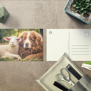raxxa Postkarte: Sheep and Shepherd Dog Sit Closely Together on Pasture