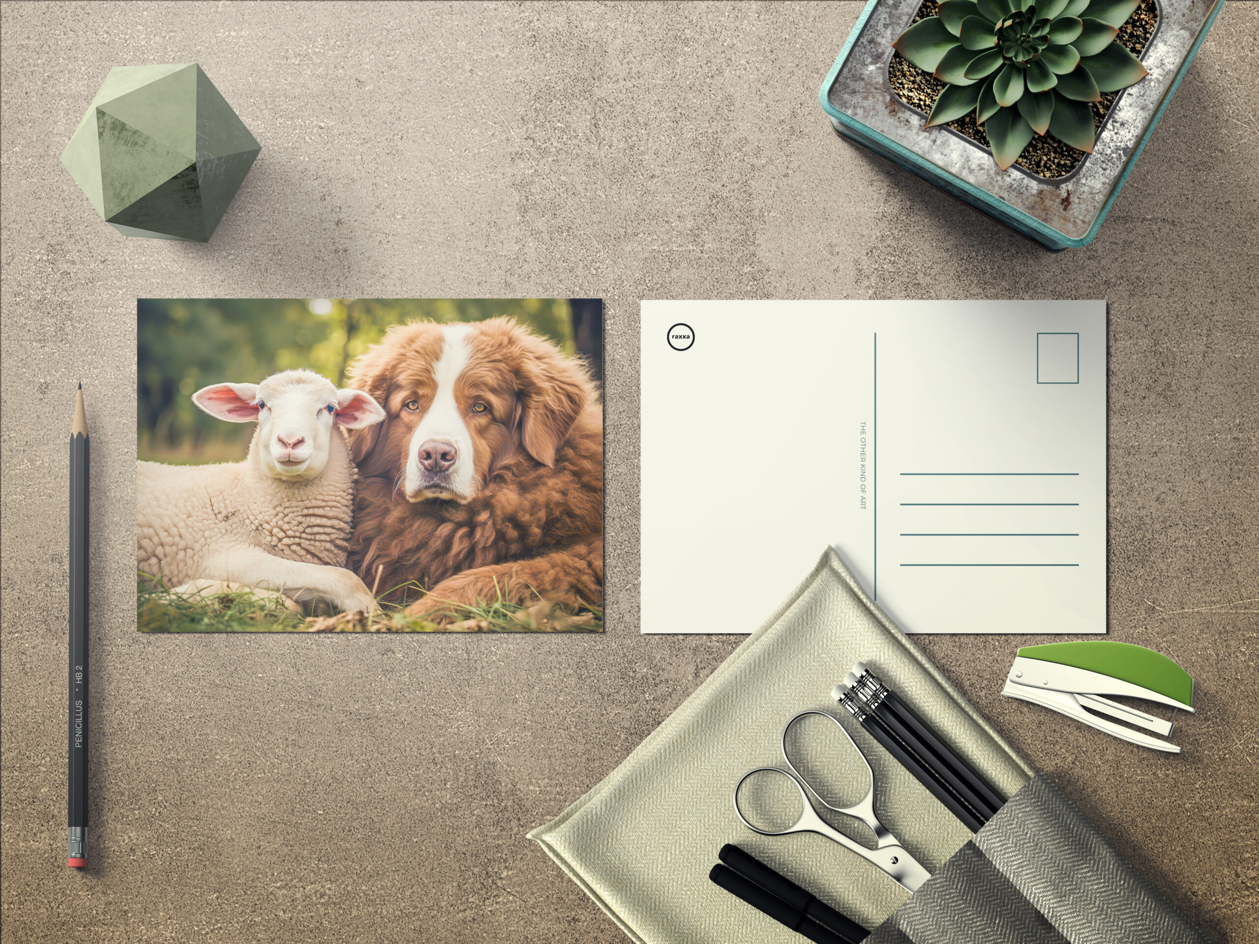 raxxa Postkarte: Sheep and Shepherd Dog Sit Closely Together on Pasture