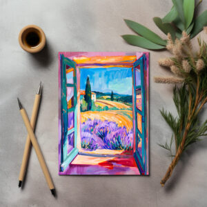 raxxa Postkarte: Open French Doors Over Lavender Fields With Cypress Trees And Wheat