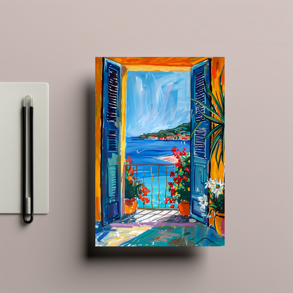 raxxa Postkarte: Terrace Door View Toward Mediterranean Bay With Two Blooming Dipladenia Pots