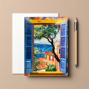 raxxa Postkarte: Window View Toward Mediterranean Village Framed By Olive Tree And Coastal Bay