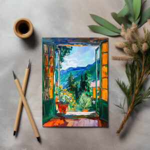 raxxa Postkarte: Mediterranean Balcony View Toward South Tyrolean Mountains With Blooming Flower Pot