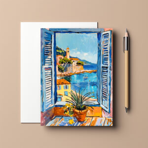 raxxa Postkarte: Window View Toward Mediterranean Village Houses Over Calm Coastal Bay Landscape