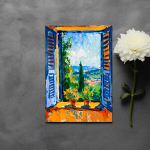 raxxa Postkarte: Terrace View Toward Mountainous Mediterranean Landscape With Tall Cypress Trees Nearby