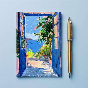 raxxa Postkarte: Mediterranean Terrace View Through Open Door With Blooming Bougainvillea Frame