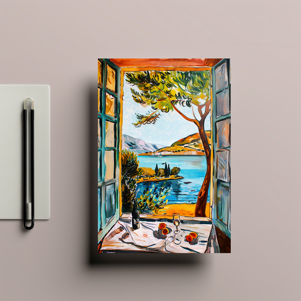raxxa Postkarte: Window View Over Mediterranean Bay With Wine Glass And Fruit Still Life