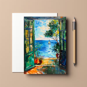 raxxa Postkarte: Terrace Door View Toward Mediterranean Sea With Passing Sailboat And Olive Tree
