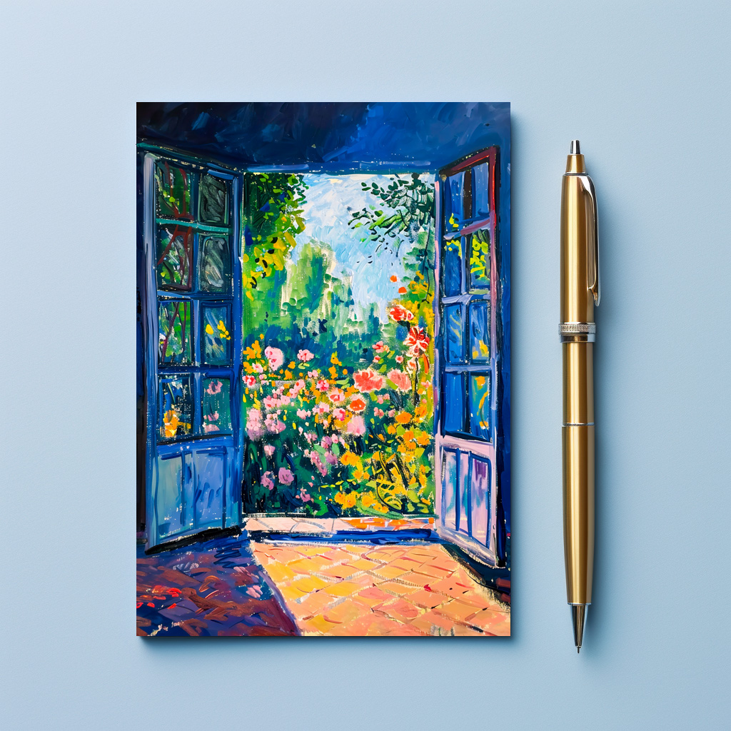 raxxa Postkarte: Terrace Door View Into Rustic Cottage Garden With Roses And Trees