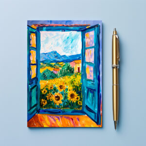 raxxa Postkarte: Terrace Door View Toward Sunflower Field With Distant Mountain Horizon