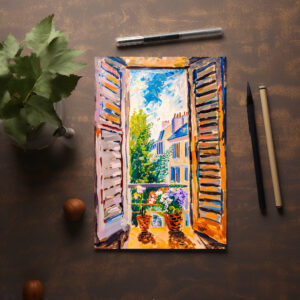 raxxa Postkarte: Terrace Door View Toward Mediterranean Cityscape With Two Flower Pots Outside