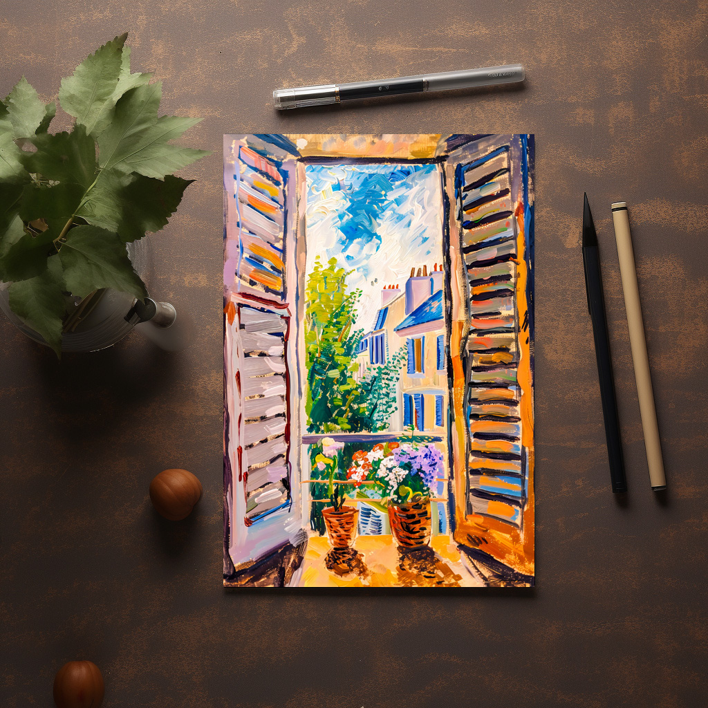raxxa Postkarte: Terrace Door View Toward Mediterranean Cityscape With Two Flower Pots Outside
