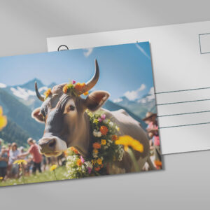 raxxa Postkarte: Festive Cow with Flowers at Alpine Event