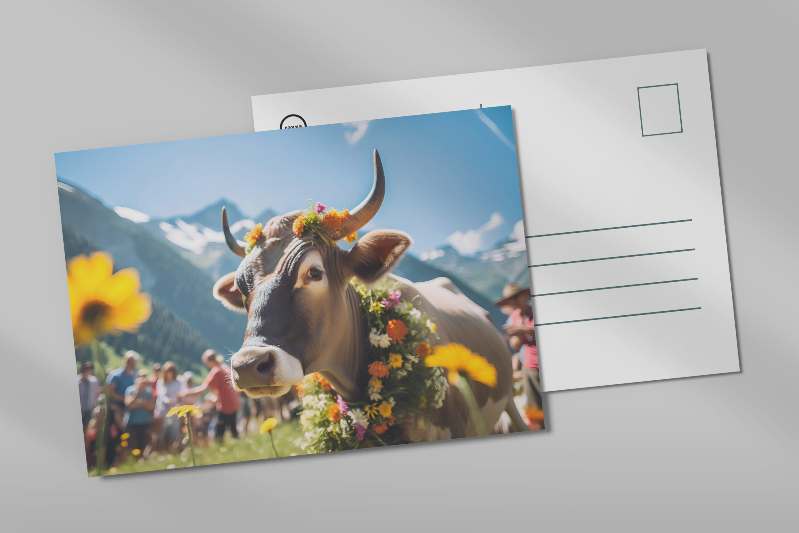raxxa Postkarte: Festive Cow with Flowers at Alpine Event