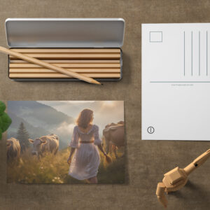 raxxa Postkarte: Woman with Cows in Sunset Pasture
