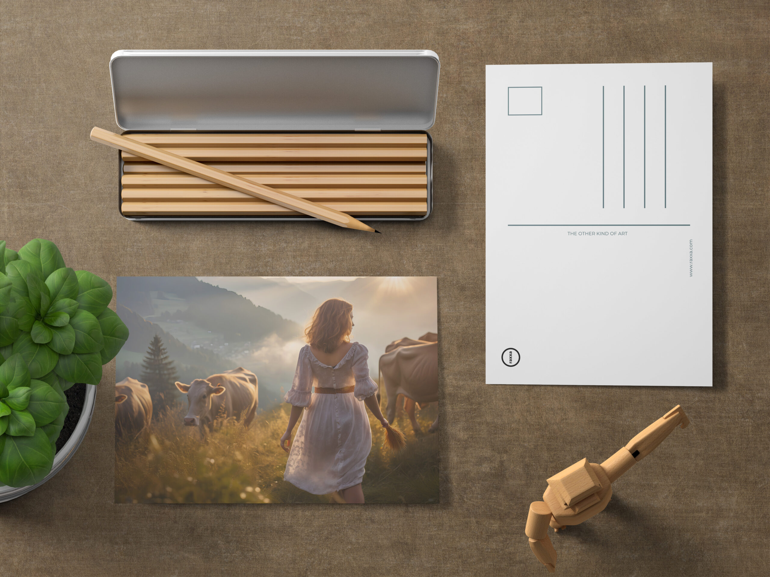 raxxa Postkarte: Woman with Cows in Sunset Pasture