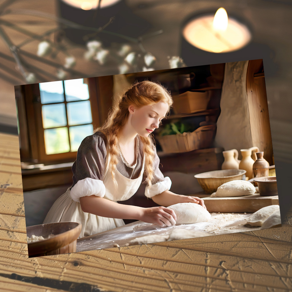 raxxa Postkarte: Woman Kneading Dough in Rustic Kitchen