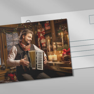raxxa Postkarte: Accordion Player in Cozy Christmas Cabin