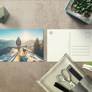 raxxa Postkarte: Hiker with Dog on Snowy Mountain Trail