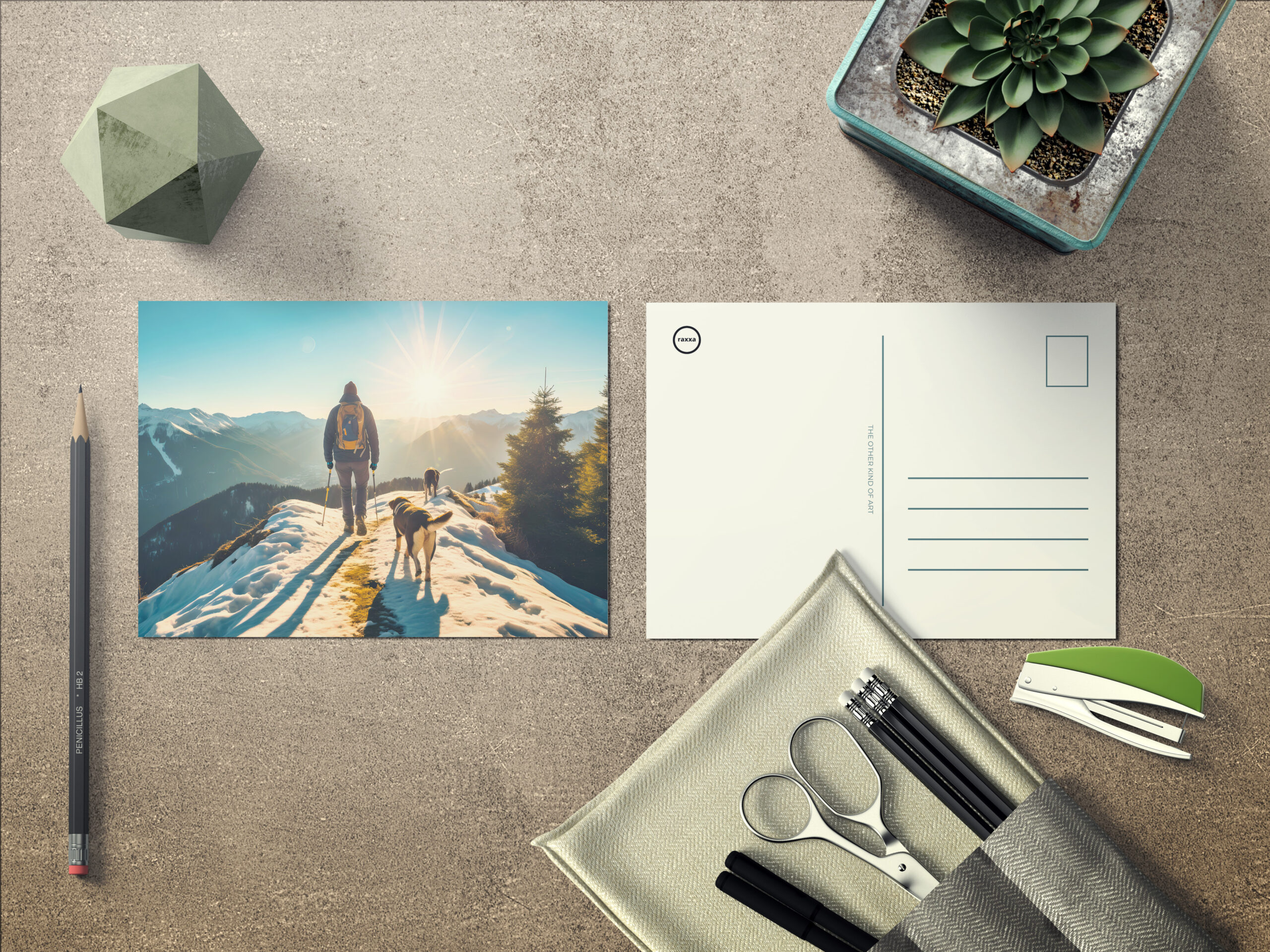 raxxa Postkarte: Hiker with Dog on Snowy Mountain Trail