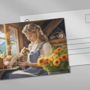 raxxa Postkarte: Young Woman with Cat by Sunny Window