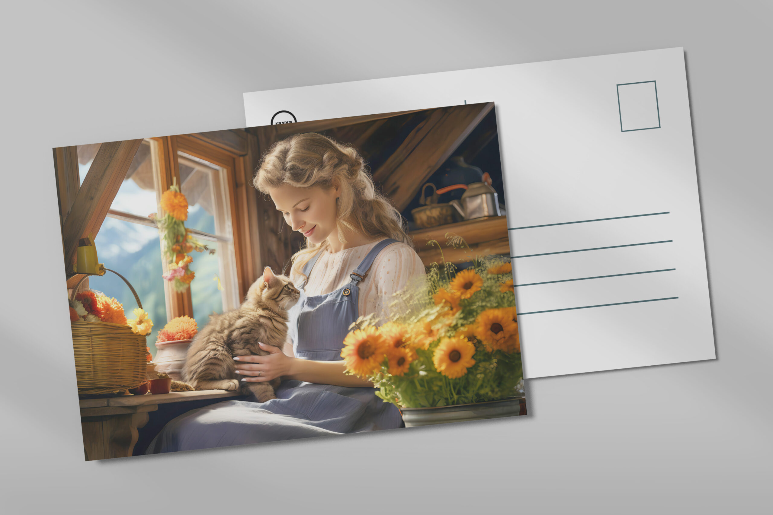 raxxa Postkarte: Young Woman with Cat by Sunny Window