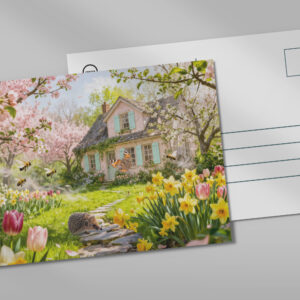raxxa Postkarte: Spring Cottage with Bees, Hedgehog and Blossoming Garden