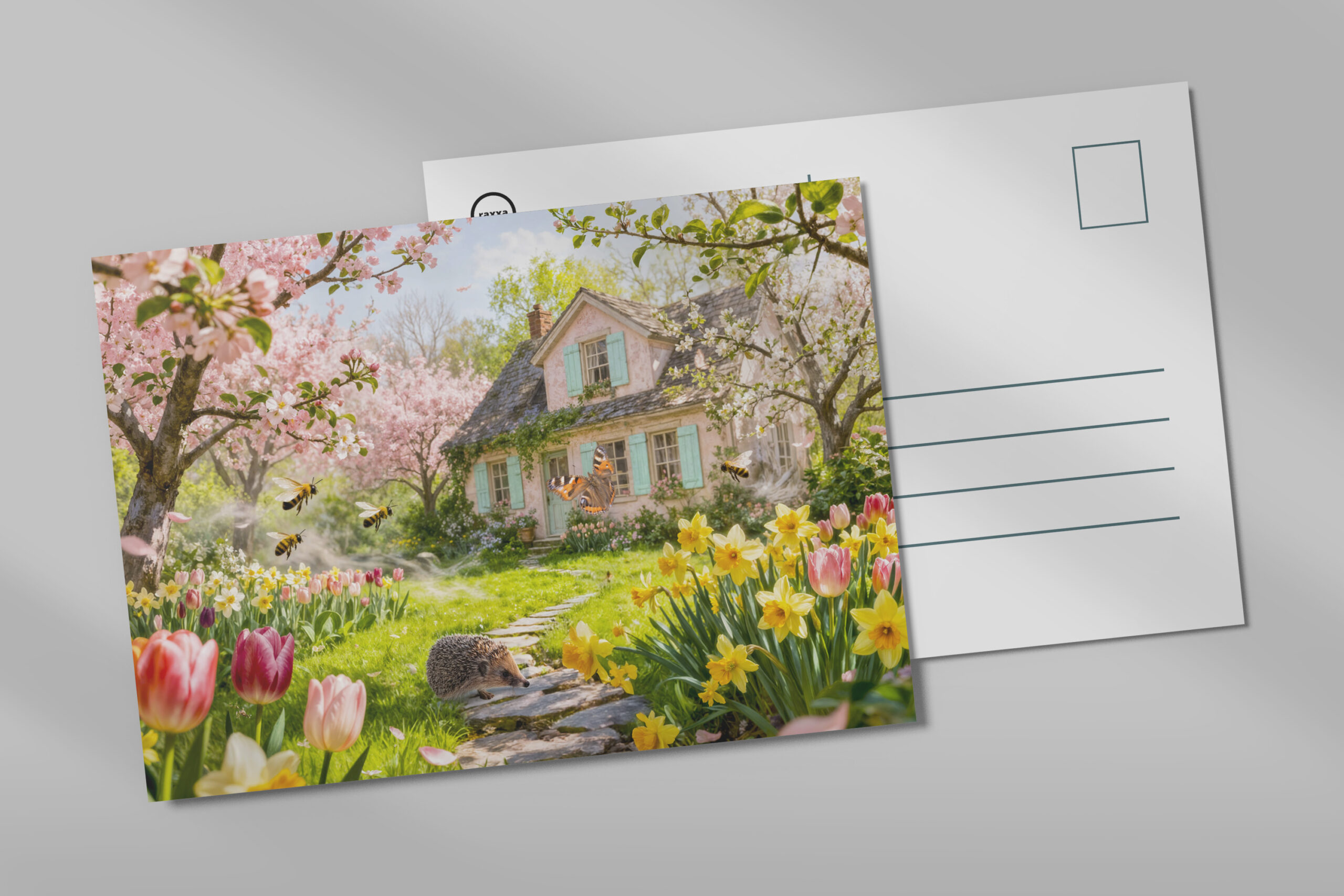 raxxa Postkarte: Spring Cottage with Bees, Hedgehog and Blossoming Garden