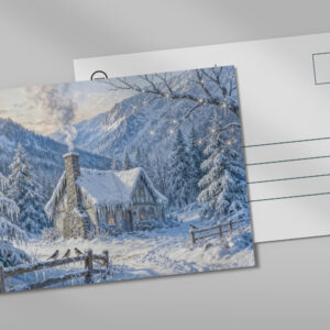 raxxa Postkarte: Snowy Mountain Cottage with Smoke and Pines Painting