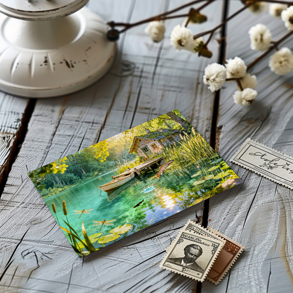 raxxa Postkarte: Forest Stream Cottage with Ducks, piere and Dock Artwork