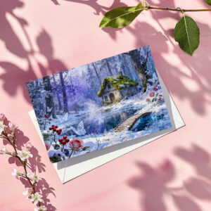 raxxa Postkarte: Snowy Enchanted Forest Cottage with Bridge and Glowing Butterflies – Fantasy Artwork