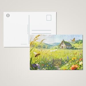 raxxa Postkarte: Mountain Meadow Cottage with Flowers, Gate and Butterflies Artwork