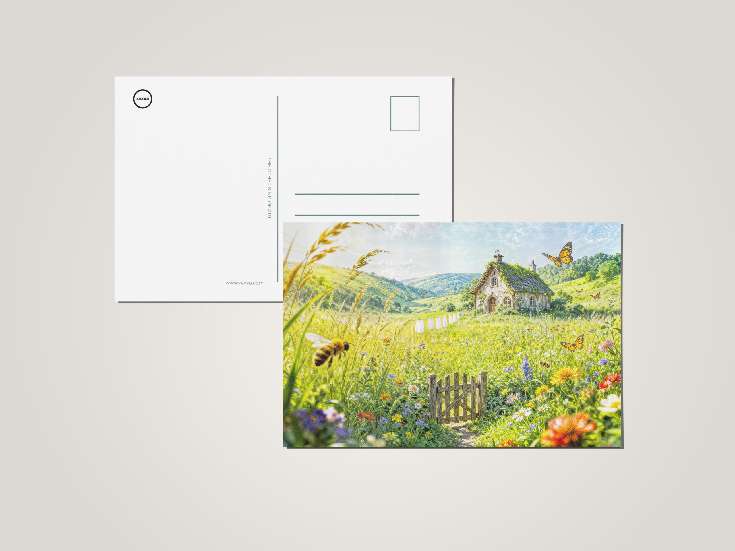 raxxa Postkarte: Mountain Meadow Cottage with Flowers, Gate and Butterflies Artwork
