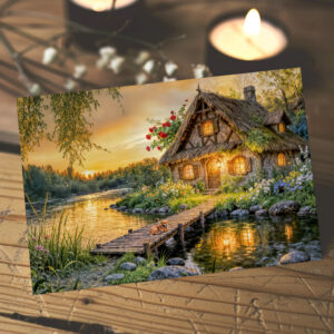 raxxa Postkarte: Sunset River Cottage with Dog on Bridge and Flower Bed Artwork