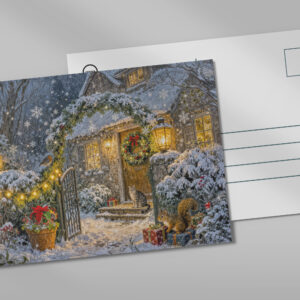 raxxa Postkarte: Winter Cottage with Squirrel, Cat and Robin Artwork