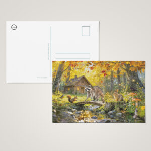 raxxa Postkarte: Autumn Forest Cottage with forest animals and Mushrooms Artwork