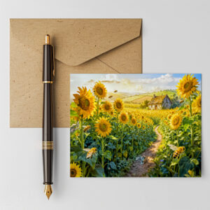 raxxa Postkarte: Sunflower Path Cottage with Cat and Blossoming Meadow Artwork
