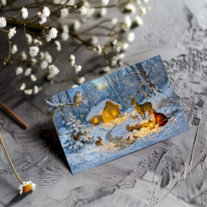 raxxa Postkarte: Winter Forest Cottage with Deer, Fox and Owl – Fantasy Artwork