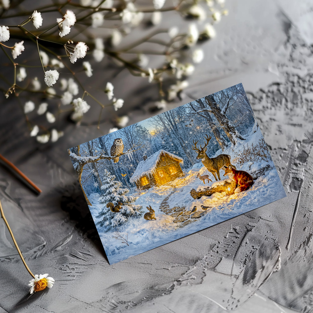 raxxa Postkarte: Winter Forest Cottage with Deer, Fox and Owl – Fantasy Artwork
