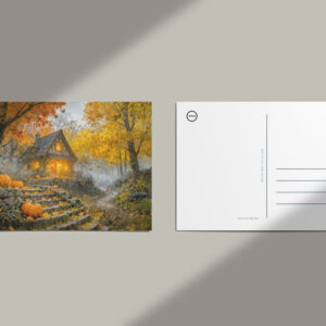 raxxa Postkarte: Autumn Forest Cottage with forest animals and Mushrooms Artwork