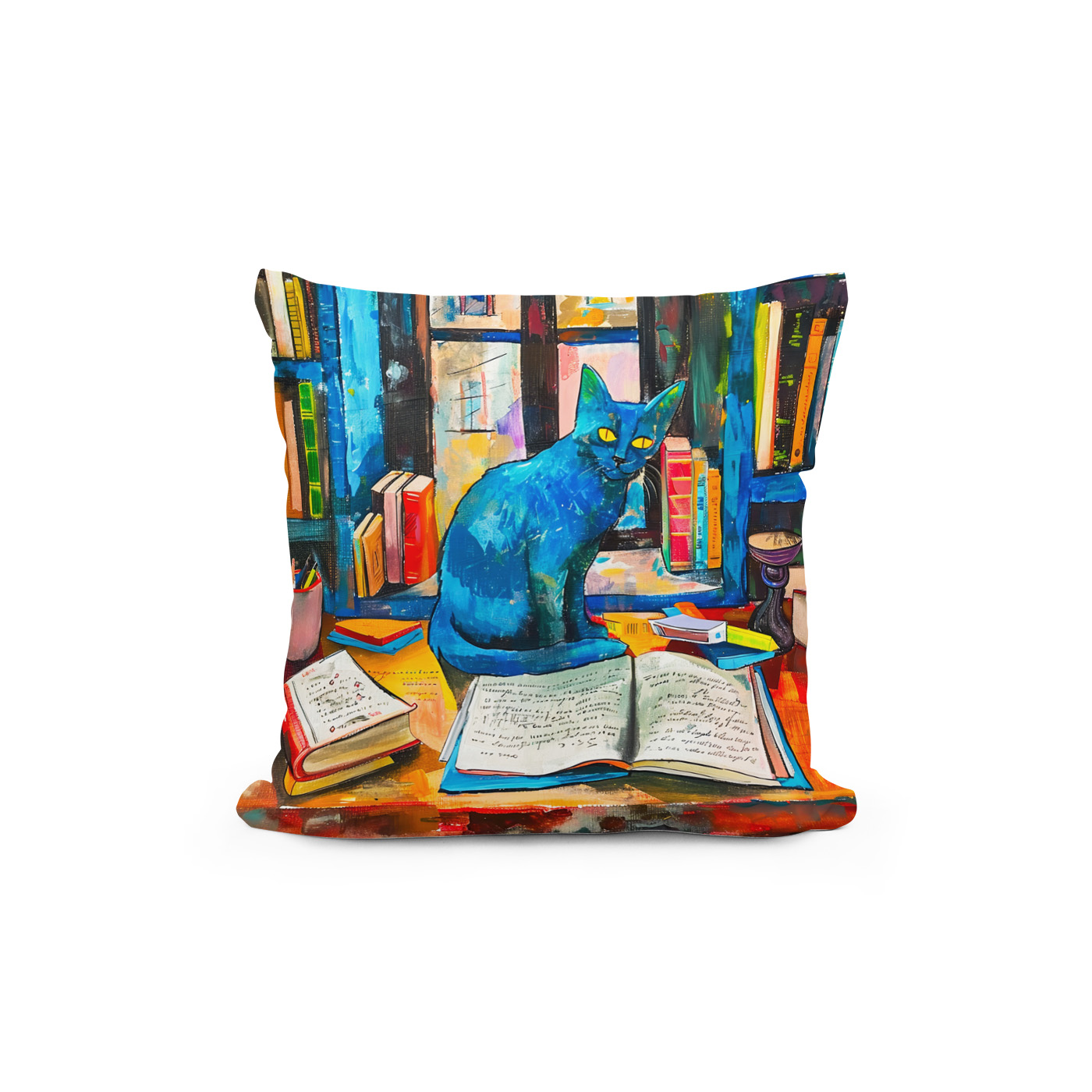 Kissen: Cat sitting Among Open Books on table - Imagen 2