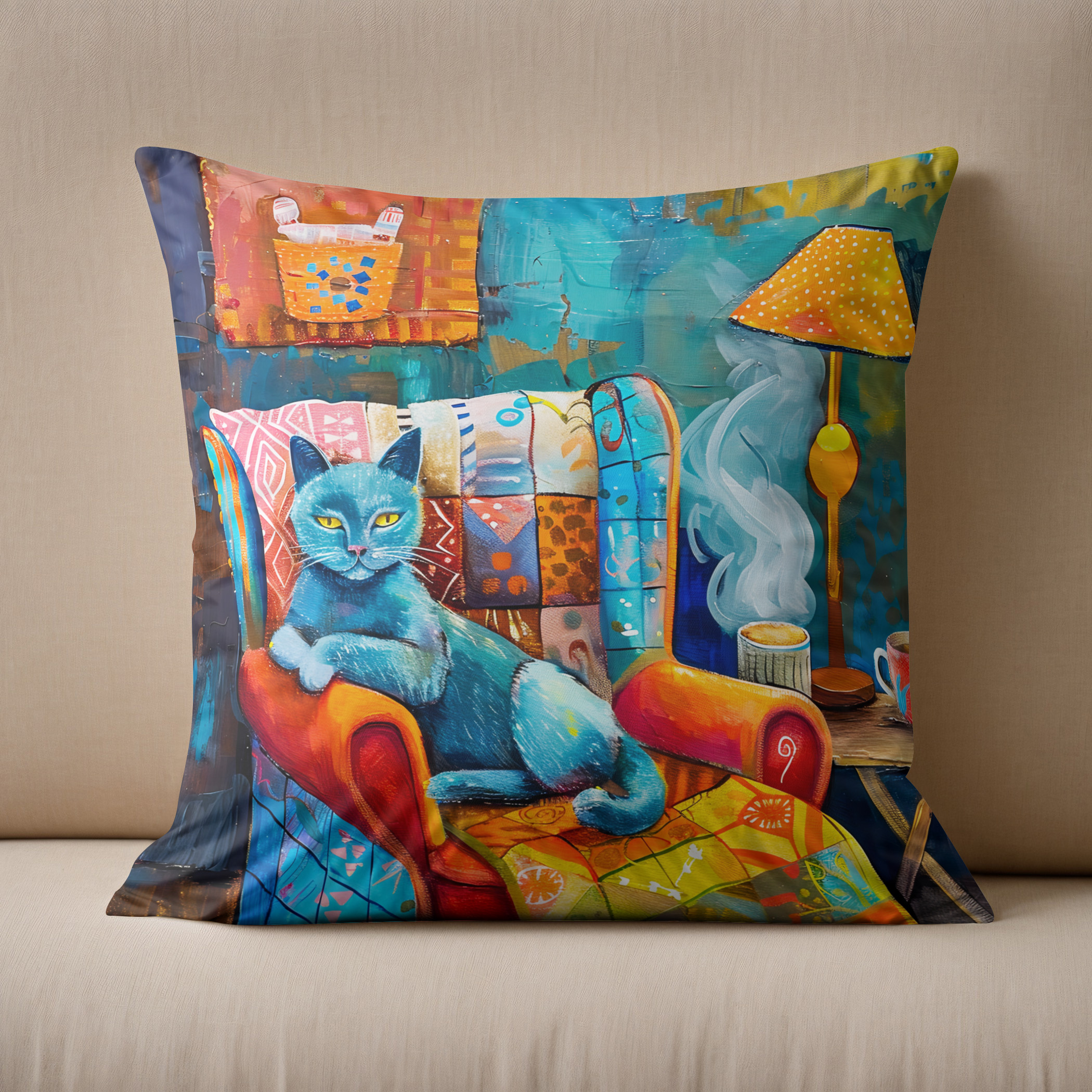 Kissen: Cartoon Cozy Cat in Armchair – Bild 2